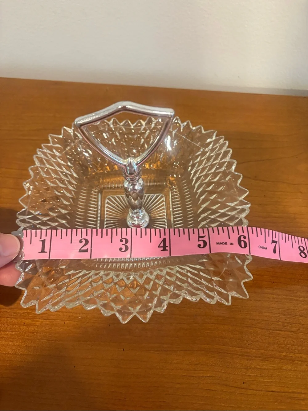Vintage Glass Diamond Point Pressed Ruffle Edges Trinket Dish with Silver Handle